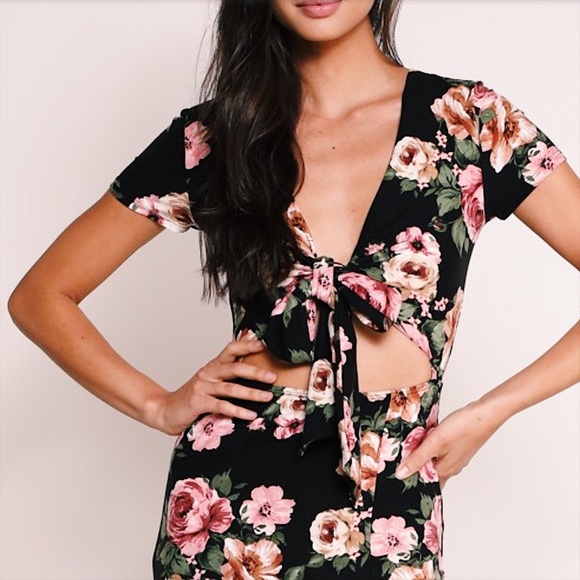 Floral Front Tie Cutout Maxi Dress, Side Slit - Picture 2 of 5